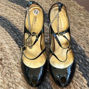 Report Signature black patent leather buckle strap heel peep toe sexy 8.5